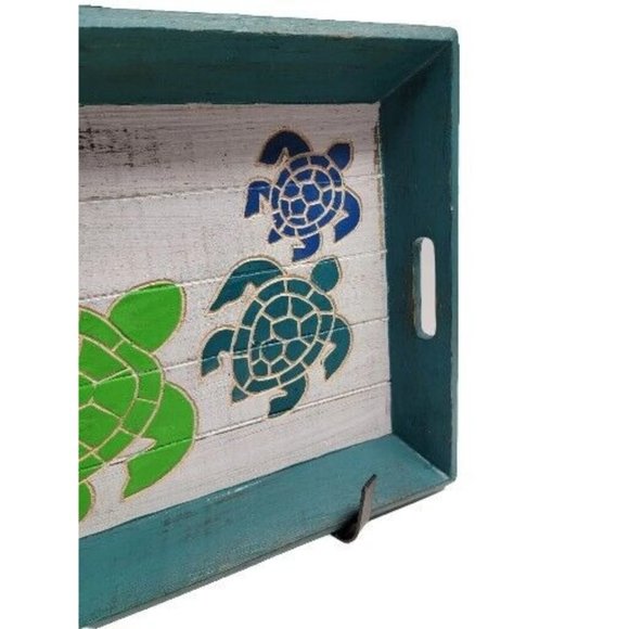 Sea Turtle Wood Tray Hand Painted Turtles Hand Carved Green Blue Serving Tray - Picture 5 of 10